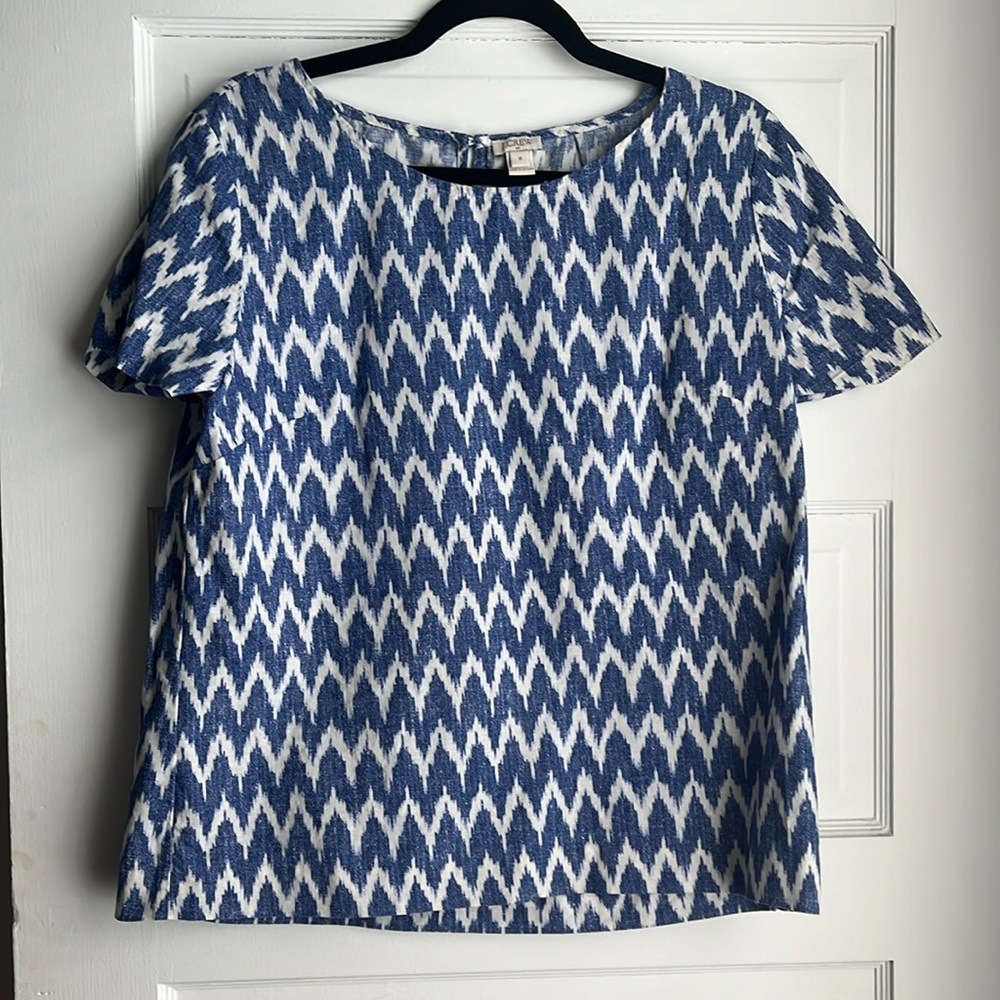 J.Crew linen blouse white and blue ikat size medium